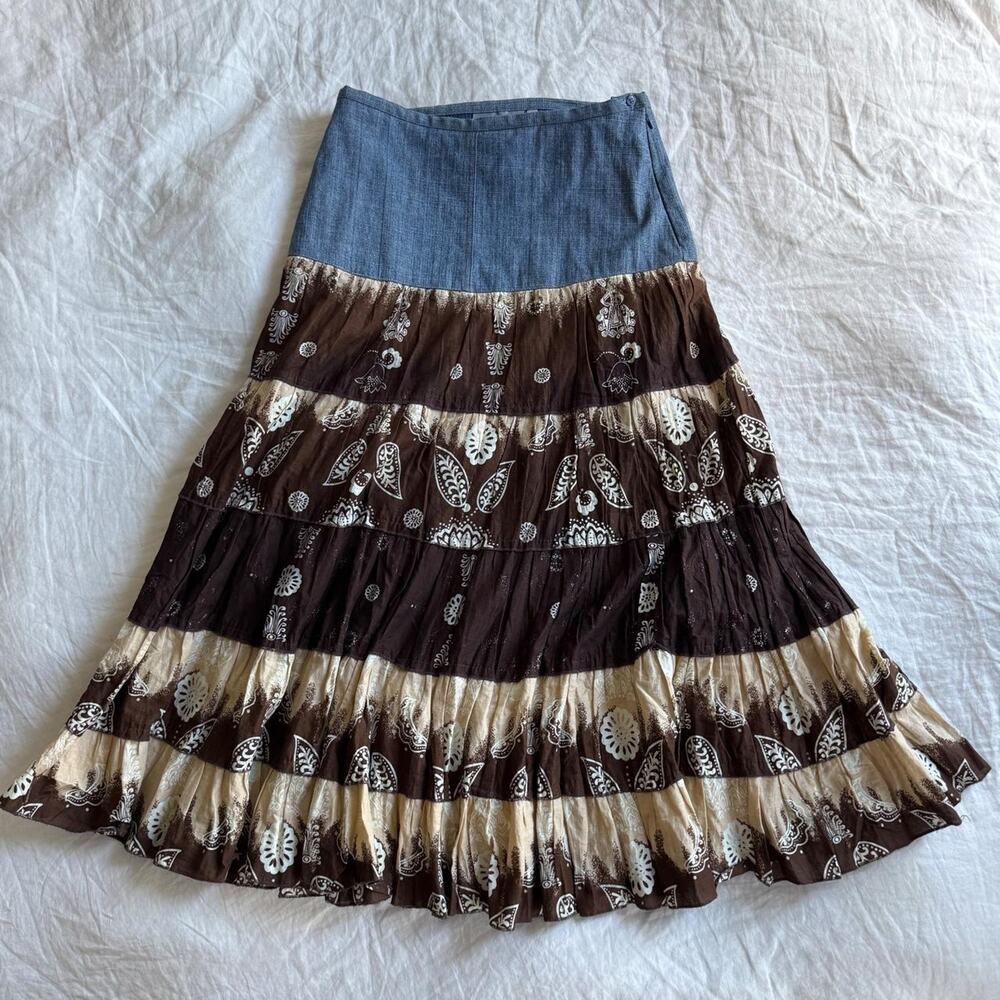 Y2k denim and brown tiered pleated boho maxi skirt
